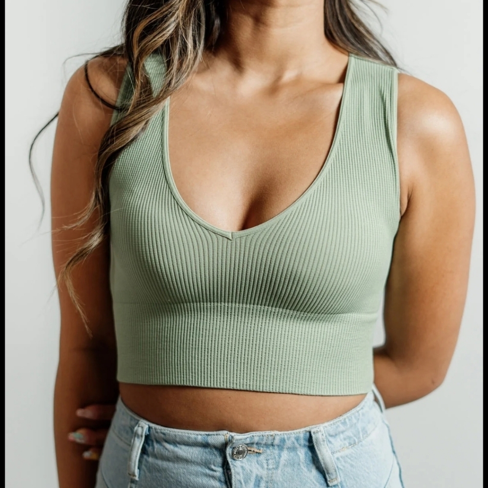 ☀️ By Together V-Neck Crop Tank Top - Sage Green - Size S/M